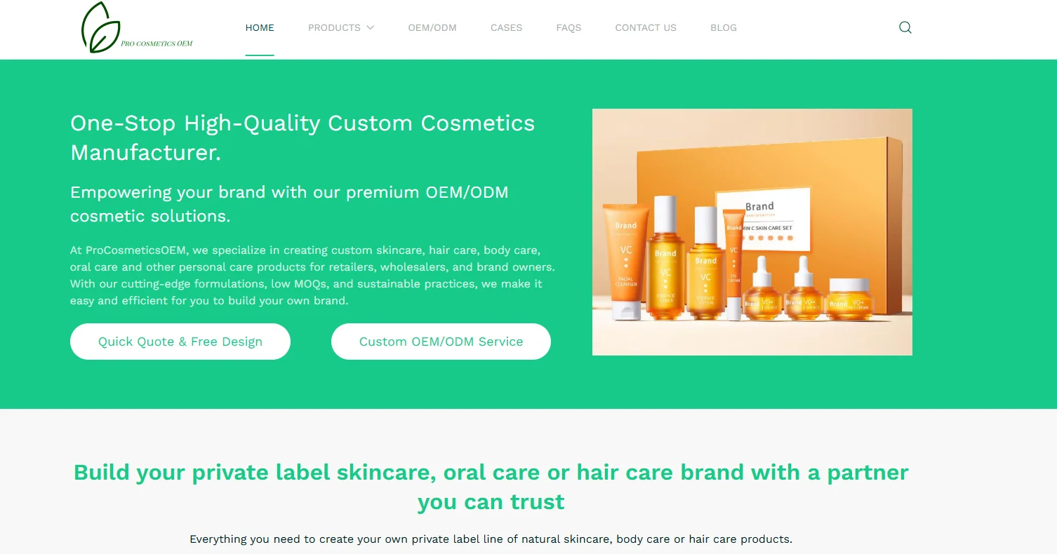 Webpage for a custom cosmetics manufacturer featuring skincare products and services description, with quick quote and service buttons.